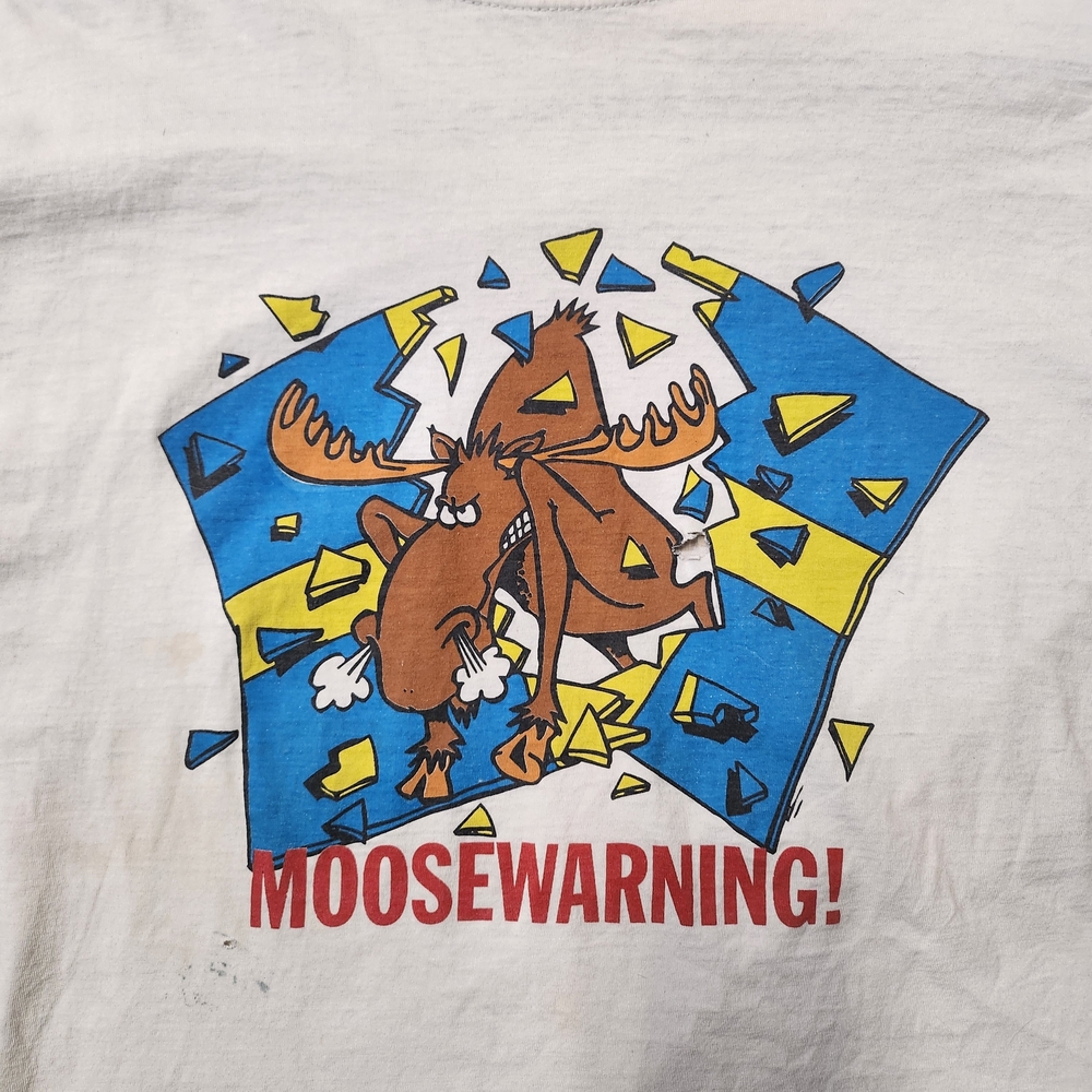 Vintage 90s Made In Sweden Disyressed MooseWarning White Graphic Tee - Picture 3 of 9
